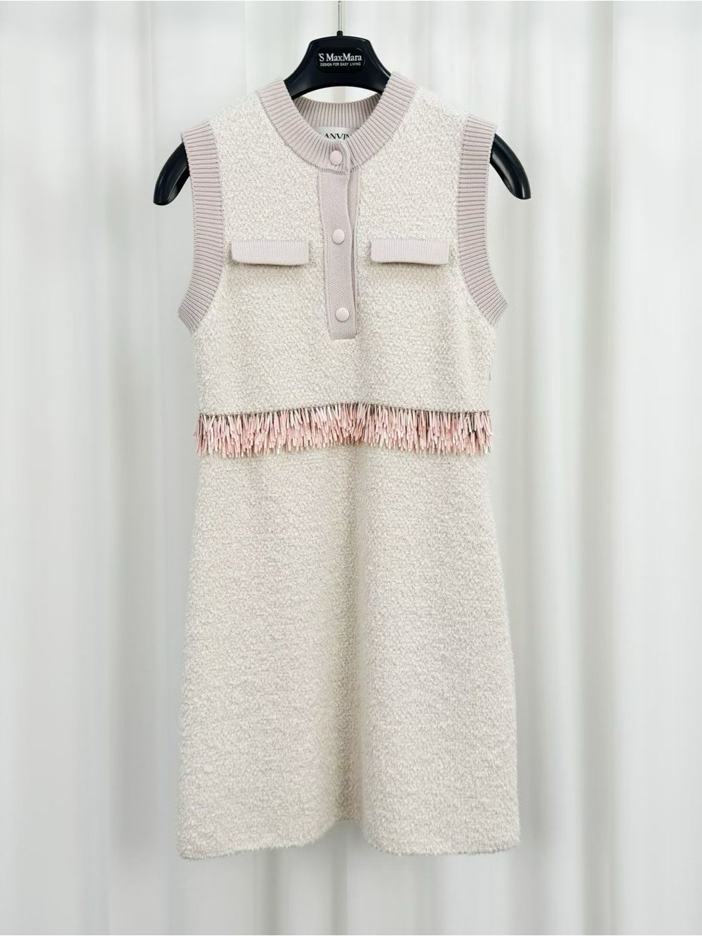 Lanvin Sleeveless Bouclé Dress with Pink Fringe - Cream & Pale Pink